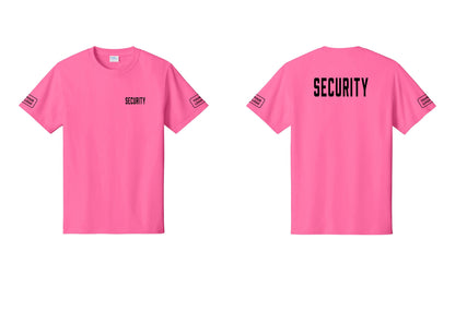 NYC Factory Custom Logo Security T-Shirt, Condensed Lettering - Chest + Back + Your Logo Sleeves - Neon Pink