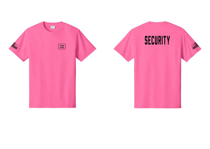 NYC Factory Custom Logo Security T-Shirt, Condensed Lettering - Your Logo + Back + US Flag Sleeve - Neon Pink
