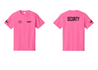 NYC Factory Custom Logo Security T-Shirt, Condensed Lettering - SECURITY + Your Logo + Back + US Flag Sleeve - Neon Pink
