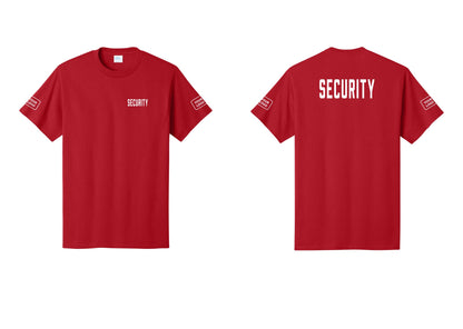 NYC Factory Custom Logo Security T-Shirt, Condensed Lettering - Chest + Back + Your Logo Sleeves - Red