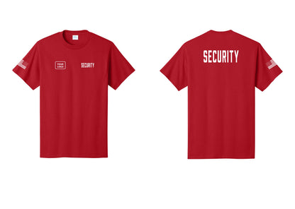 NYC Factory Custom Logo Security T-Shirt, Condensed Lettering - SECURITY + Your Logo + Back + US Flag Sleeve - Red