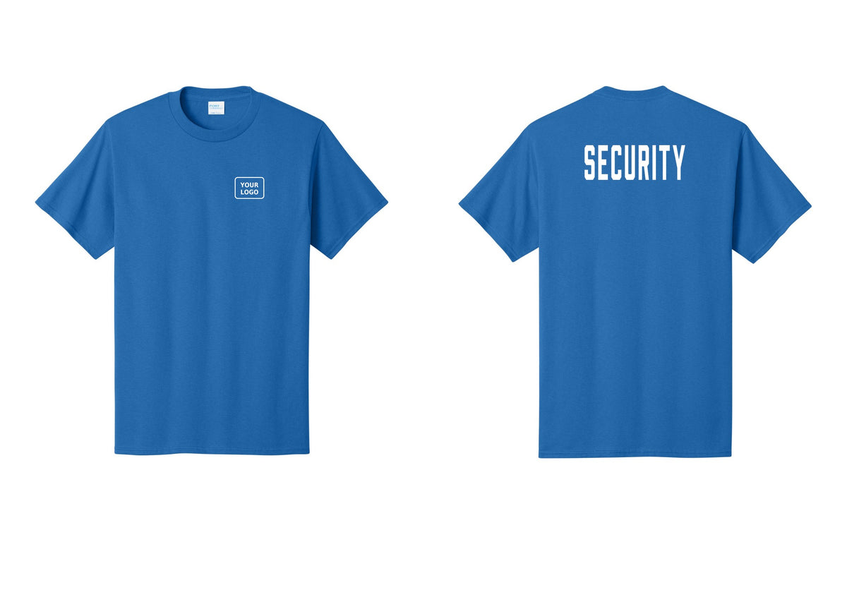 NYC Factory Custom Logo Security T-Shirt, Condensed Lettering - Your Logo + Back - Royal
