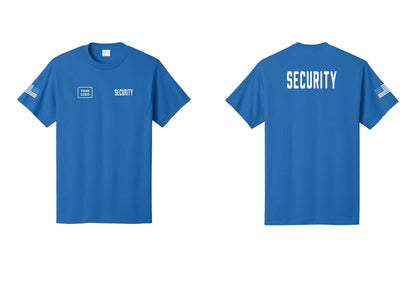 NYC Factory Custom Logo Security T-Shirt, Condensed Lettering - SECURITY + Your Logo + Back + US Flag Sleeve - Royal