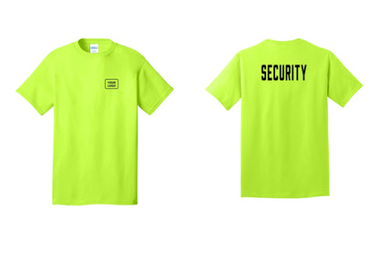 NYC Factory Custom Logo Security T-Shirt, Condensed Lettering - Your Logo + Back - Safety Green