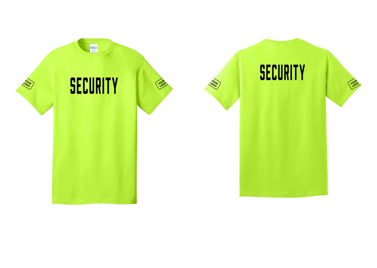 NYC Factory Unisex Security Custom Logo Black T-Shirt - Front + Back + Your Logo Sleeves - Safety Green