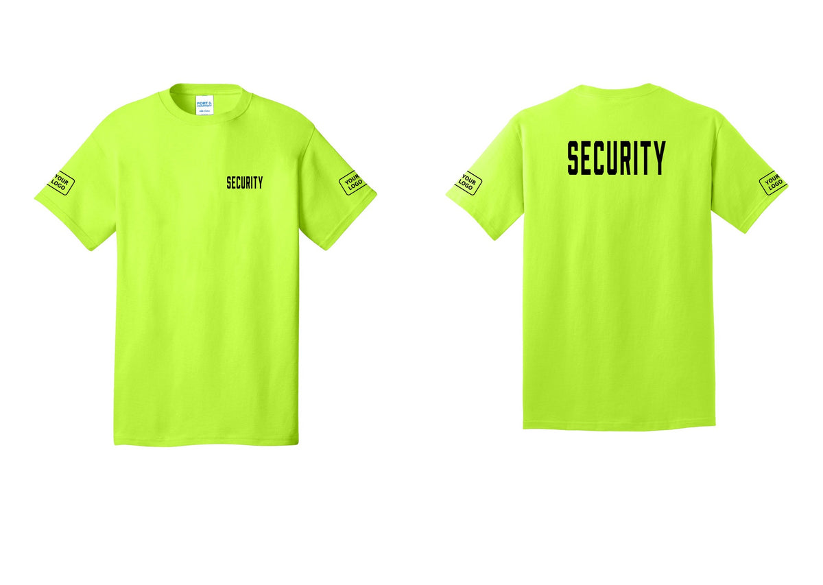 NYC Factory Custom Logo Security T-Shirt, Condensed Lettering - Chest + Back + Your Logo Sleeves - Safety Green