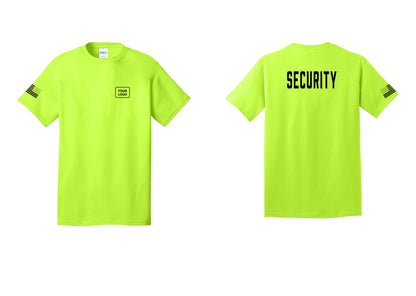 NYC Factory Custom Logo Security T-Shirt, Condensed Lettering - Your Logo + Back + US Flag Sleeve - Safety Green