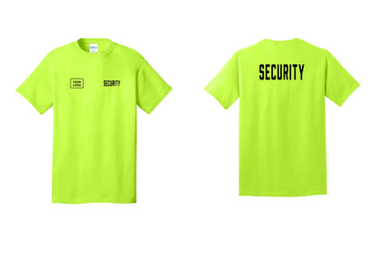 NYC Factory Custom Logo Security T-Shirt, Condensed Lettering - SECURITY + Your Logo + Back - Safety Green