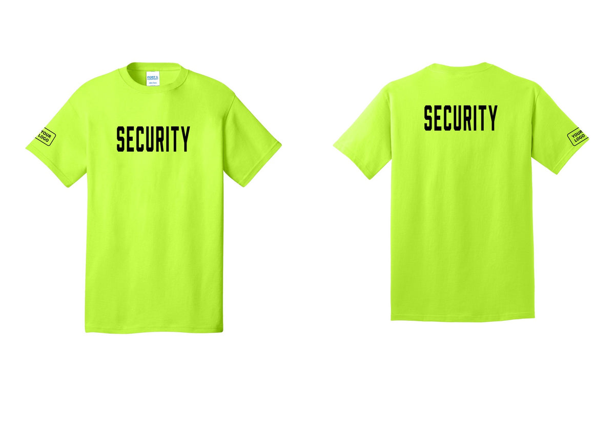 NYC Factory Custom Logo Security T-Shirt, Condensed Lettering - Front + Back + Your Logo Sleeve - Safety Green