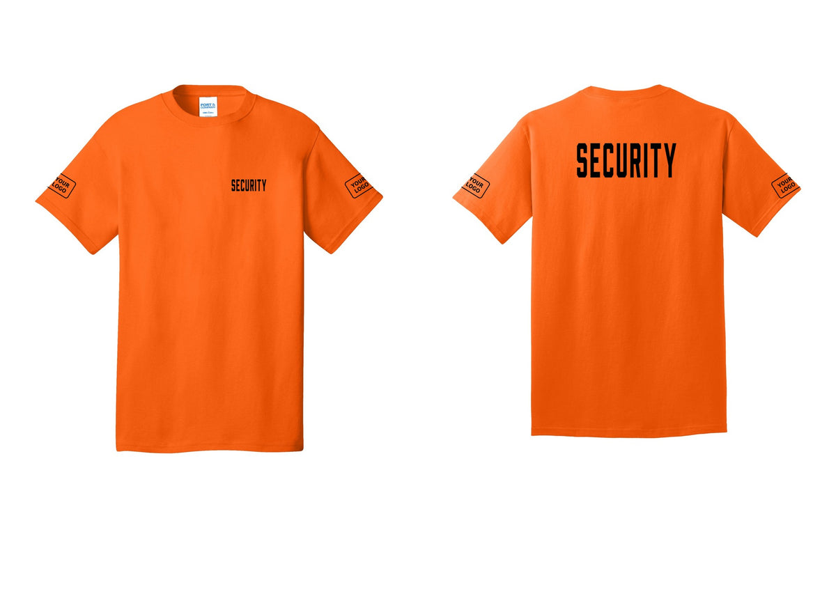 NYC Factory Unisex Security Custom Logo Black T-Shirt - Chest + Back + Your Logo Sleeves - Safety Orange