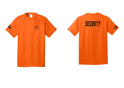 NYC Factory Custom Logo Security T-Shirt, Condensed Lettering - Your Logo + Back + US Flag Sleeve - Safety Orange