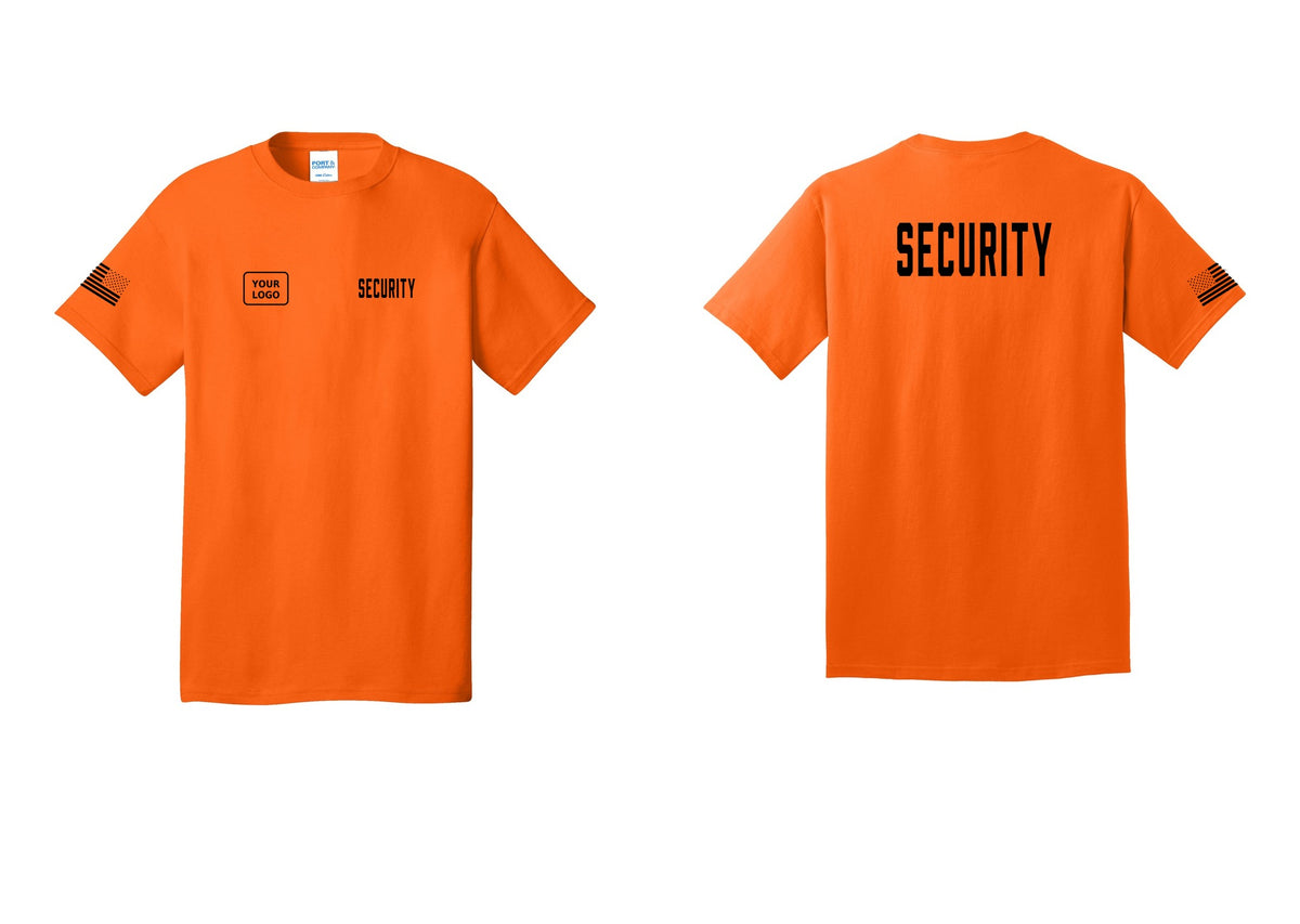 NYC Factory Custom Logo Security T-Shirt, Condensed Lettering - SECURITY + Your Logo + Back + US Flag Sleeve - Safety Orange
