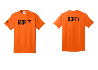 NYC Factory Unisex Security Custom Logo Black T-Shirt - Front + Back + Your Logo Sleeve - Safety Orange