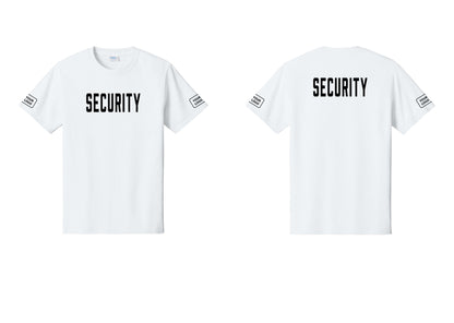 NYC Factory Custom Logo Security T-Shirt, Condensed Lettering - Front + Back + Your Logo Sleeves - White