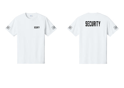 NYC Factory Custom Logo Security T-Shirt, Condensed Lettering - Chest + Back + Your Logo Sleeves - White