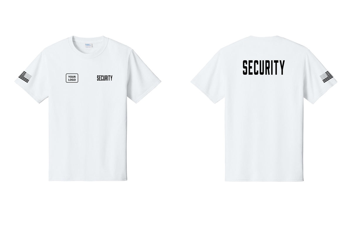 NYC Factory Custom Logo Security T-Shirt, Condensed Lettering - SECURITY + Your Logo + Back + US Flag Sleeve - White