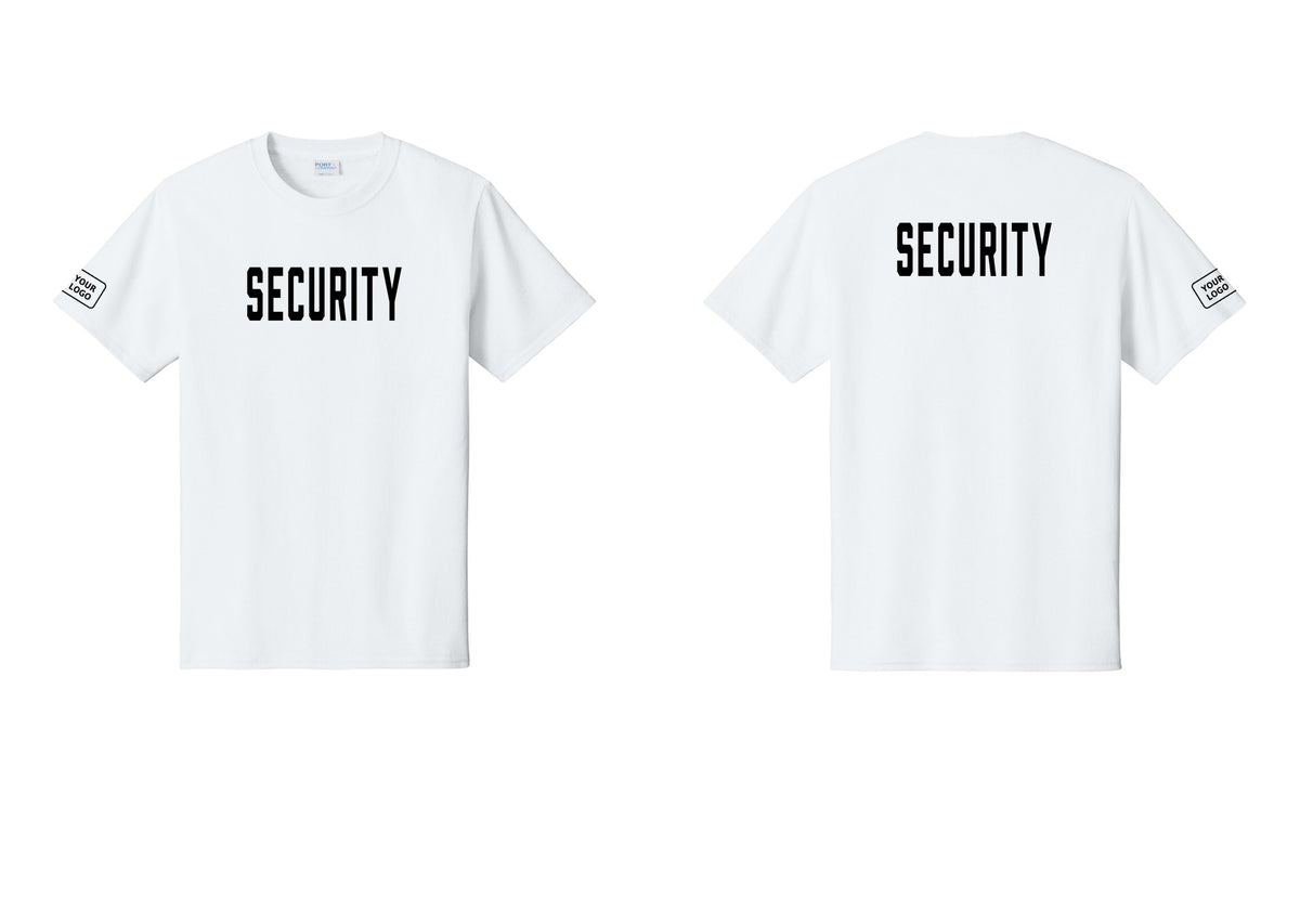 NYC Factory Custom Logo Security T-Shirt, Condensed Lettering - Front + Back + Your Logo Sleeve - White