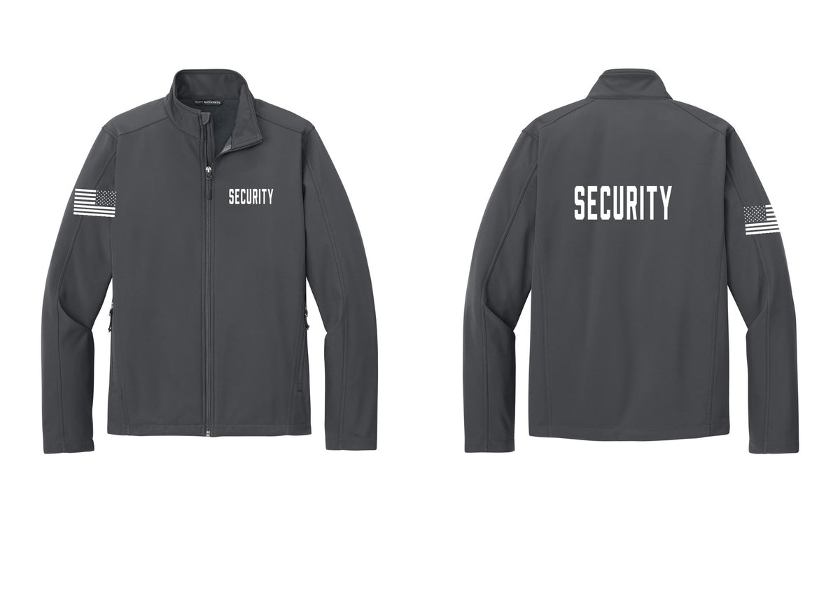 NYC Factory Security Soft Shell Jacket (Classic) - Chest + Back + US Flag Sleeve - Battleship Grey