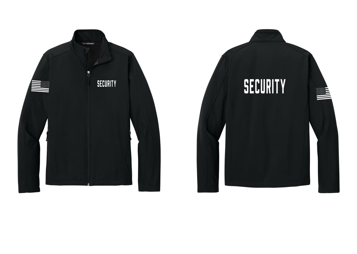 NYC Factory Security Soft Shell Jacket (Classic) - Chest + Back + US Flag Sleeve - Black