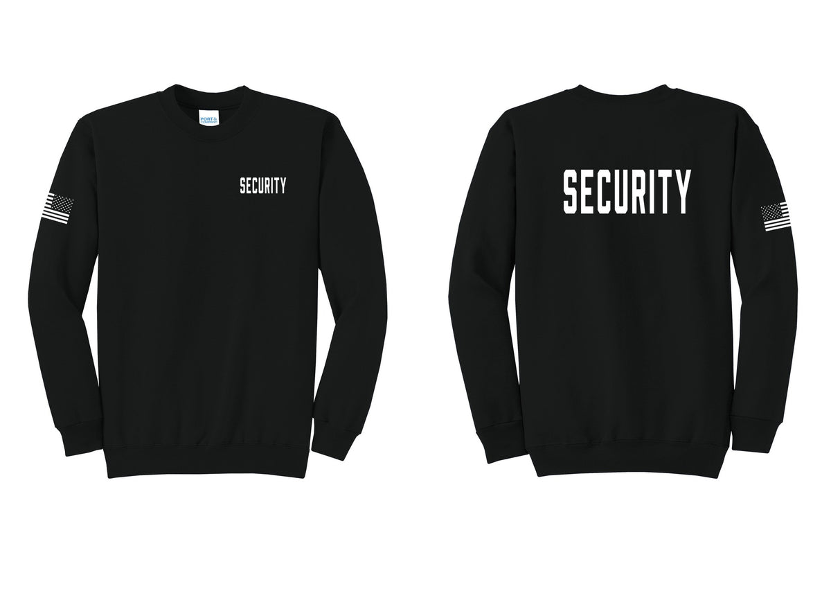NYC Factory Security Cotton Fleece Crewneck Sweatshirt (Classic) - Chest + Back + US Flag Sleeve - Black