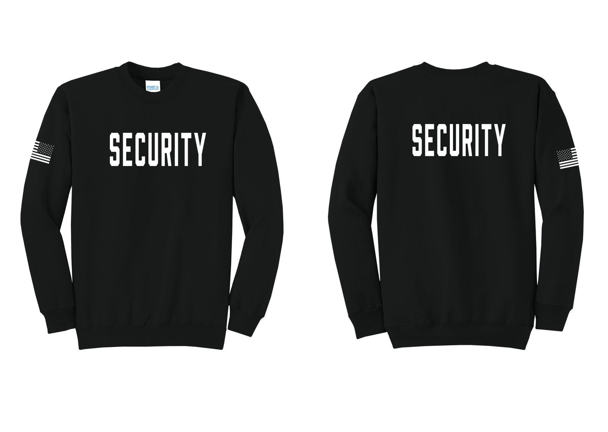 NYC Factory Security Cotton Fleece Crewneck Sweatshirt (Classic) - Front + Back + US Flag Sleeve - Black