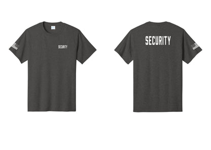 NYC Factory Unisex Security Black T-Shirt - Chest + Back + US Flag Sleeve - Dark Heather Grey