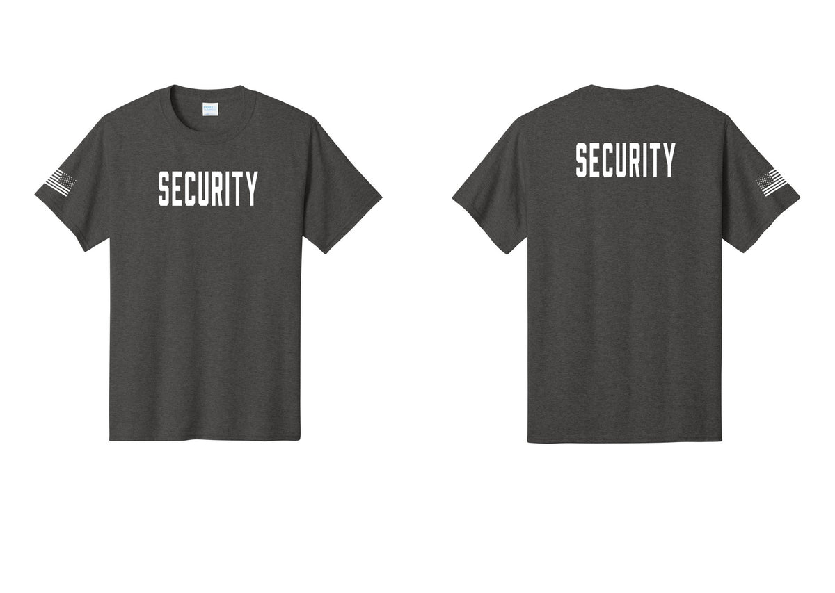 NYC Factory Security T-Shirt, Condensed Lettering - Front + Back + US Flag Sleeve - Dark Heather Grey