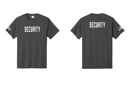 NYC Factory Security T-Shirt, Condensed Lettering - Front + Back + US Flag Sleeve - Dark Heather Grey