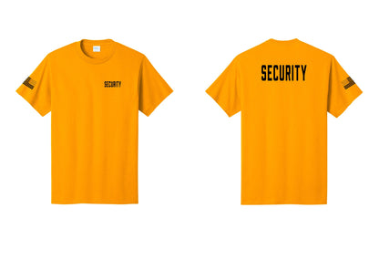 NYC Factory Security T-Shirt, Condensed Lettering - Chest + Back + US Flag Sleeve - Gold