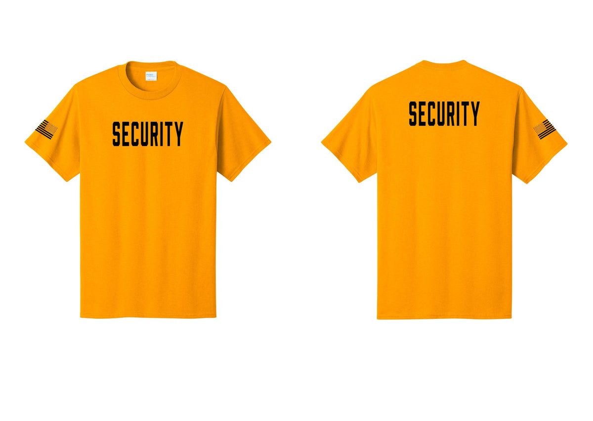 NYC Factory Security T-Shirt, Condensed Lettering - Front + Back + US Flag Sleeve - Gold