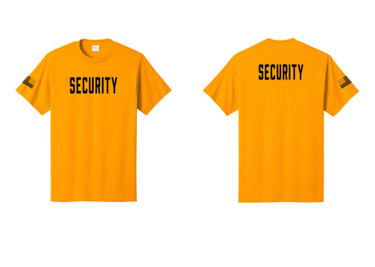 NYC Factory Unisex Security Black T-Shirt - Front + Back + US Flag Sleeve - Gold