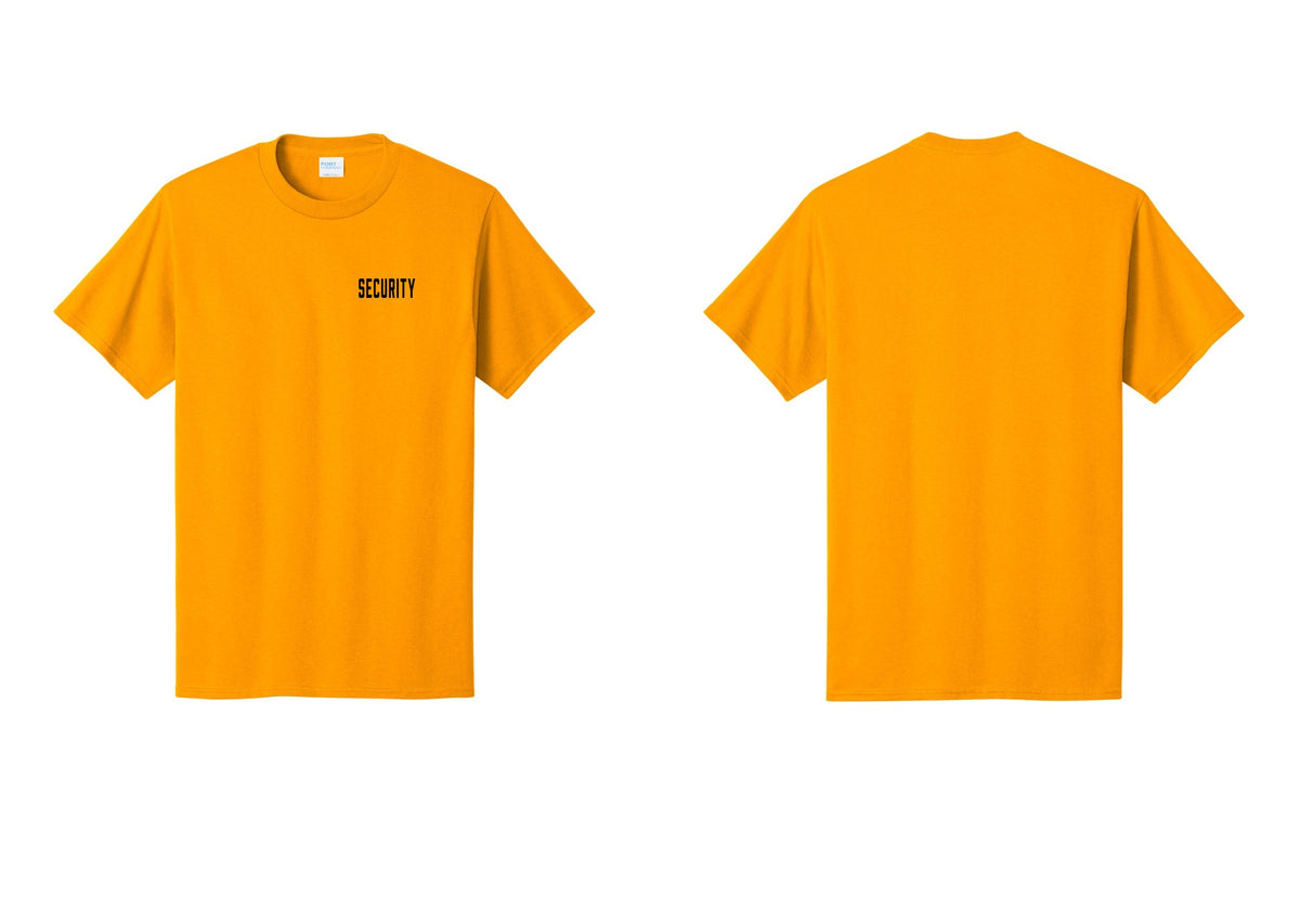 NYC Factory Security T-Shirt, Condensed Lettering - Chest Only - Gold