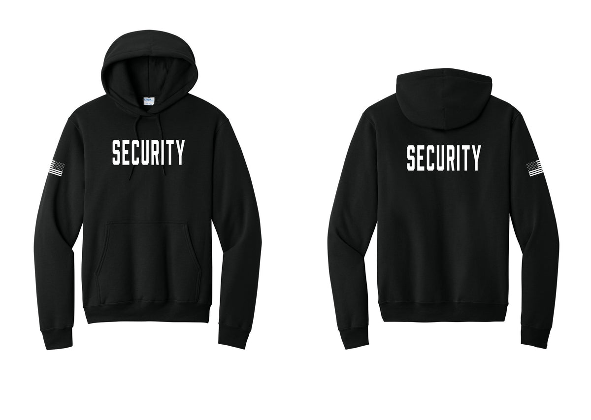 NYC Factory Security Cotton Fleece Pullover Hoodie (Classic) - Front + Back + US Flag Sleeve - Black