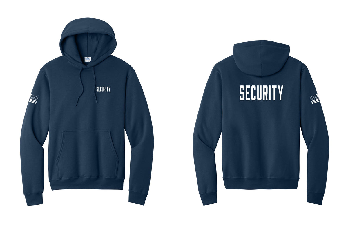 NYC Factory Security Cotton Fleece Pullover Hoodie (Classic) - Chest + Back + US Flag Sleeve - Navy