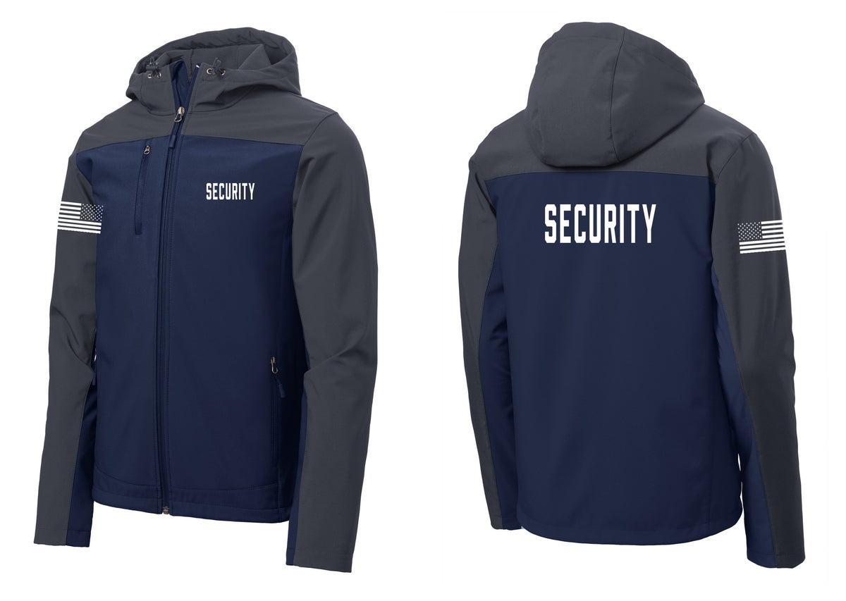 NYC Factory Security Hooded Soft Shell Jacket (Classic) - Chest + Back + US Flag Sleeve - Dress Blue Navy / Battleship Grey