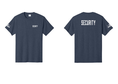 NYC Factory Security T-Shirt, Condensed Lettering - Chest + Back + US Flag Sleeve - Heather Navy