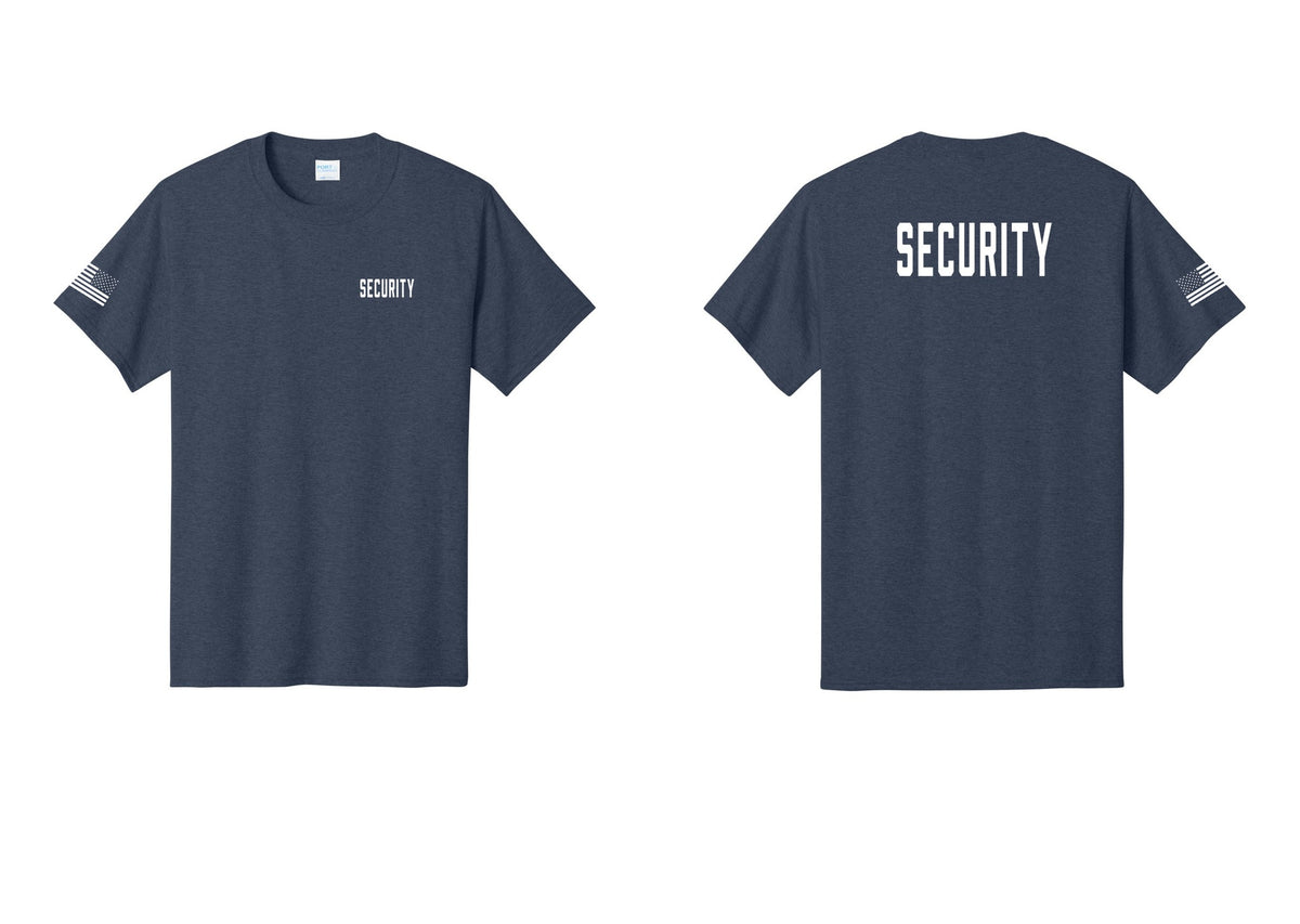 NYC Factory Unisex Security Black T-Shirt - Chest + Back + US Flag Sleeve - Heather Navy