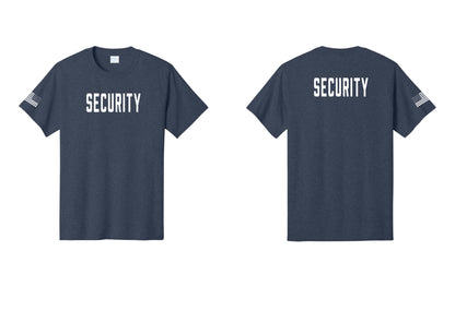 NYC Factory Security T-Shirt, Condensed Lettering - Front + Back + US Flag Sleeve - Heather Navy