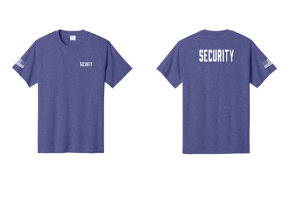 NYC Factory Unisex Security Black T-Shirt - Chest + Back + US Flag Sleeve - Heather Purple
