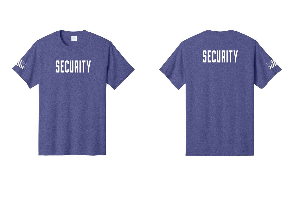 NYC Factory Security T-Shirt, Condensed Lettering - Front + Back + US Flag Sleeve - Heather Purple