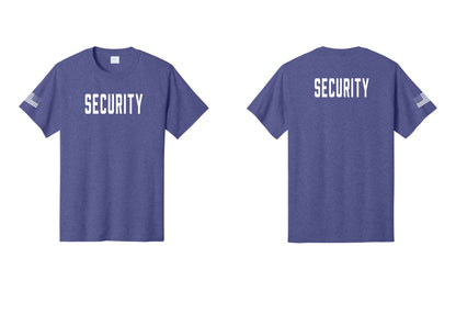 NYC Factory Unisex Security Black T-Shirt - Front + Back + US Flag Sleeve - Heather Purple