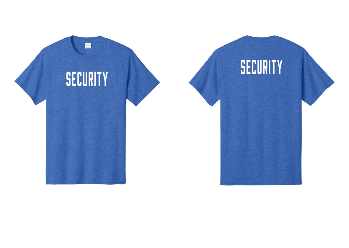 NYC Factory Security T-Shirt, Condensed Lettering - Front + Back - Heather Royal