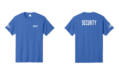 NYC Factory Unisex Security Black T-Shirt - Chest + Back + US Flag Sleeve - Heather Royal