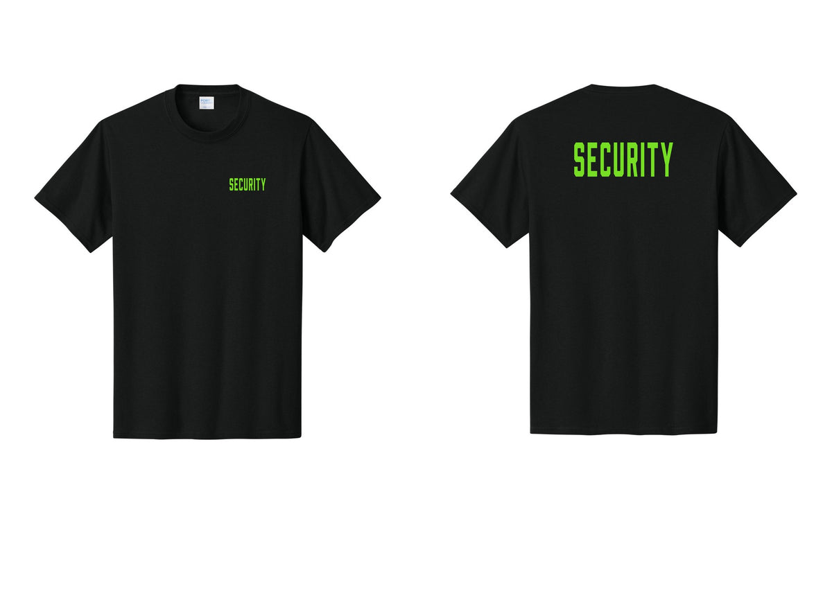 NYC Factory Security T-Shirt, Condensed Lettering - Chest + Back - Black / Neon