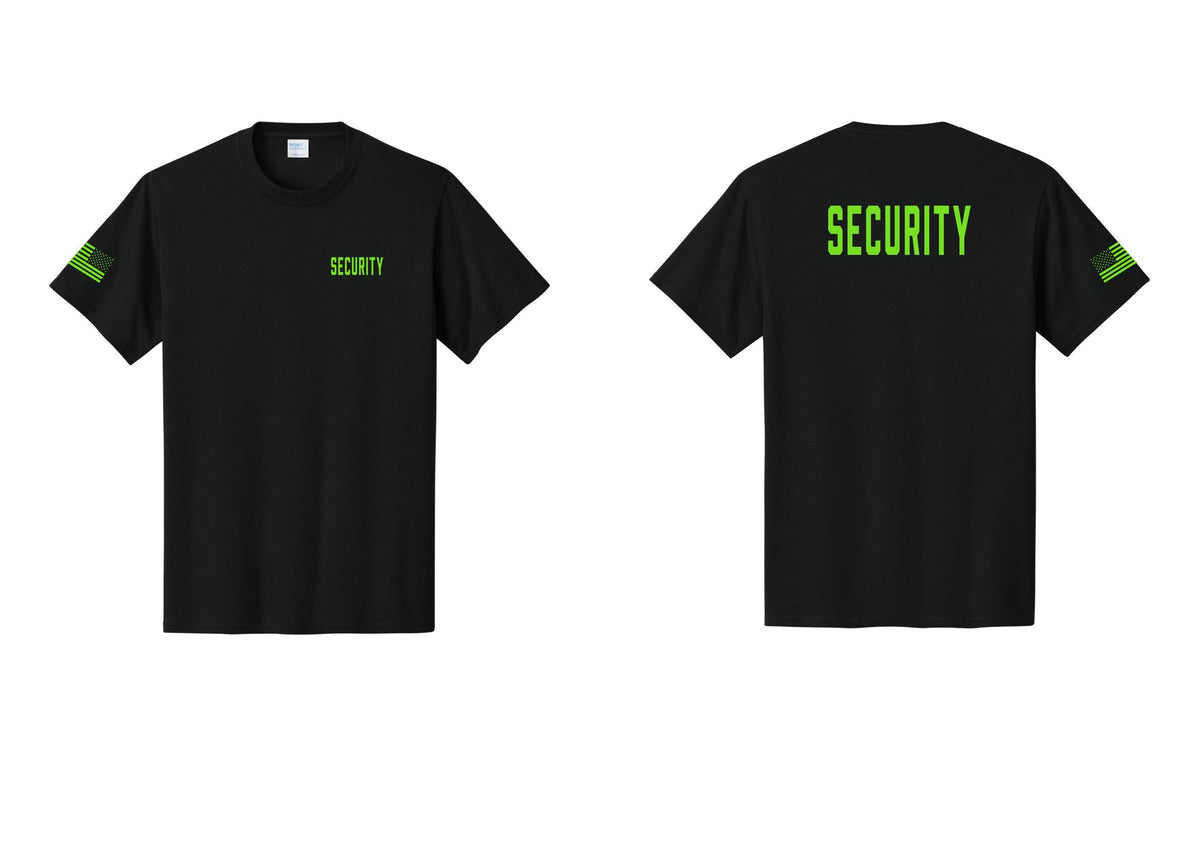 NYC Factory Security T-Shirt, Condensed Lettering - Chest + Back + US Flag Sleeve - Black / Neon