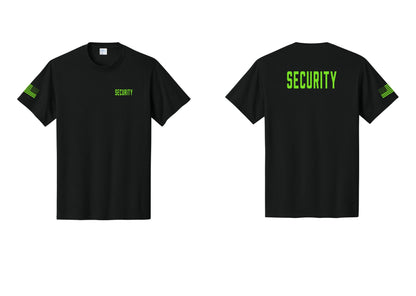NYC Factory Unisex Security Black T-Shirt - Chest + Back + US Flag Sleeve - Black / Neon