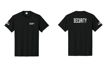 NYC Factory Security T-Shirt, Condensed Lettering - Chest + Back + US Flag Sleeve - Black