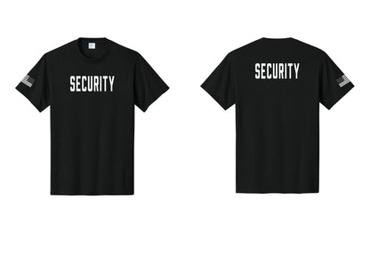 NYC Factory Security T-Shirt, Condensed Lettering - Front + Back + US Flag Sleeve - Black
