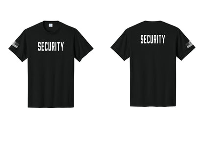 NYC Factory Unisex Security Black T-Shirt - Front + Back + US Flag Sleeve - Black