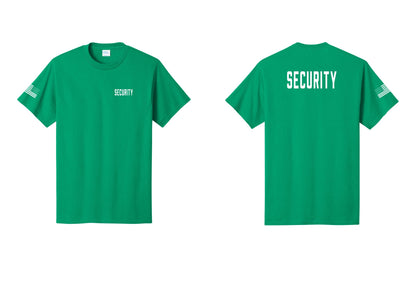 NYC Factory Security T-Shirt, Condensed Lettering - Chest + Back + US Flag Sleeve - Kelly